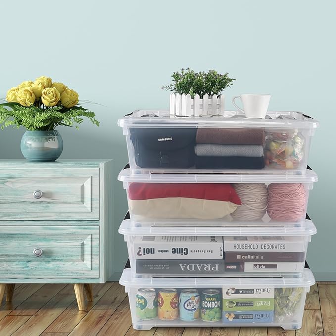 Hommp 4-Pack 25 Quart Under Bed Plastic Storage Bins, Clear Under Bed Storage Box Container with Wheels