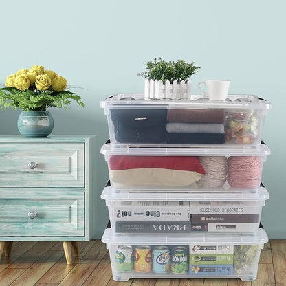 Hommp 4-Pack 25 Quart Under Bed Plastic Storage Bins, Clear Under Bed Storage Box Container with Wheels