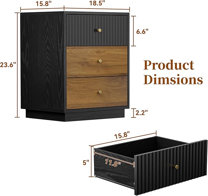 23.6" Tall Night Stand with 3 Storage Drawers, Fluted Nightstand with Metal Handles, Modern End Table Bedside Table Chest for Bedroom, Black and Walnut