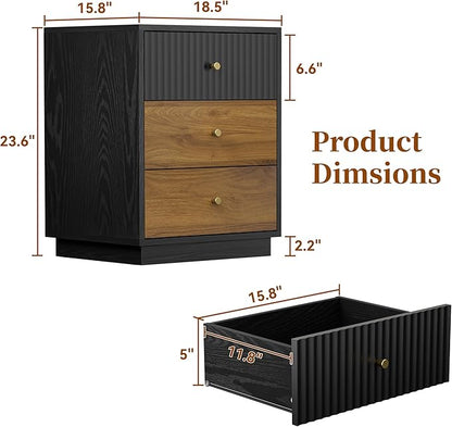 23.6" Tall Night Stand with 3 Storage Drawers, Fluted Nightstand with Metal Handles, Modern End Table Bedside Table Chest for Bedroom, Black and Walnut