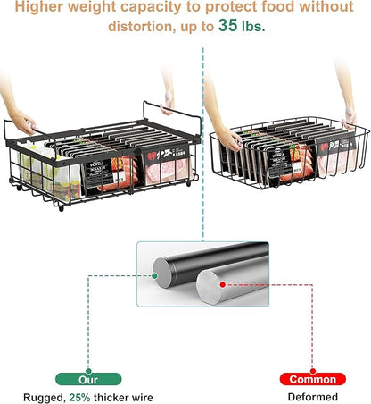UMDONX 4 Pack Expandable Freezer Organizer Bins Large Freezer organizer Bins Stackable 11.4" Expand to 17.9", Fit 10 to 20 Cu.FT Black