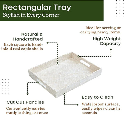 Capiz Decorative Tray 15.8” x 11.8” x 1.8" Rectangular Tray, Natural Handmade Serving Tray with Handles for Coffee Tables, Ottoman, Vanity, Kitchen, Coastal Boho Home Decor, White