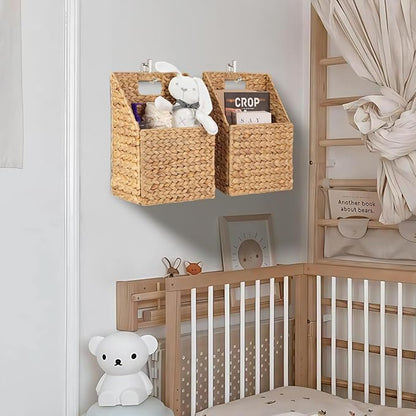 Wicker Hanging Storage Basket (10,5"Lx6,5"Wx13"H), Set of 2 Wall Baskets, Water Hyacinth Baskets, Wall Decor Hyacinth Basket Hanging for Organizing Files, Mails, Books, Accessories