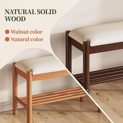 Solid Wood Shoe Bench with Cushion, 2-Tier Shoe Rack for Front Door Entrance, Enterway Benches with Shoe Storage (Walnut, 23.6in)