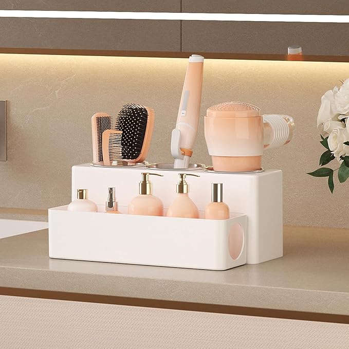 Lifewit Hair Tool Organizer Countertop, Removable Blow Dryer Holder for Bathroom Vanity, Acrylic Hot Tools Organizer Storage for Hair Dryer, Curling Iron, Brush, Straightener, 3 Stainless Cups, White