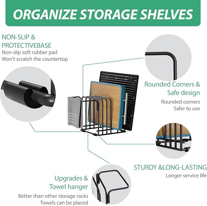 KMUZAWN Cutting Board Organizer,5-Slot Steel Kitchen Storage Rack for Cutting Boards, Baking Trays,towel,and Thin Pans-Space-Saving Kitchen Storage(Black, 3 Pack)