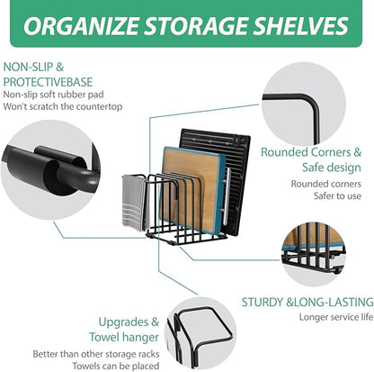 KMUZAWN Cutting Board Organizer,5-Slot Steel Kitchen Storage Rack for Cutting Boards, Baking Trays,towel,and Thin Pans-Space-Saving Kitchen Storage(Black, 3 Pack)