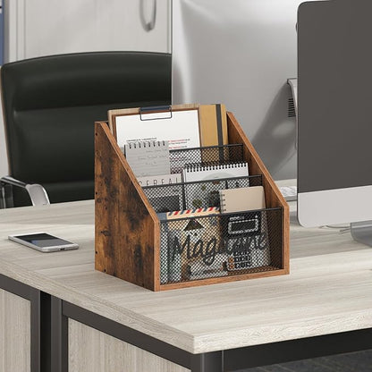 Magazine Holder, Wood Magazine Rack Floor, Mail Organizer Countertop, Magazine Mail Holder Sorter, Record Holder for Magazines, Books, Newspapers, Tablets, Rustic Brown and Black MR02BR