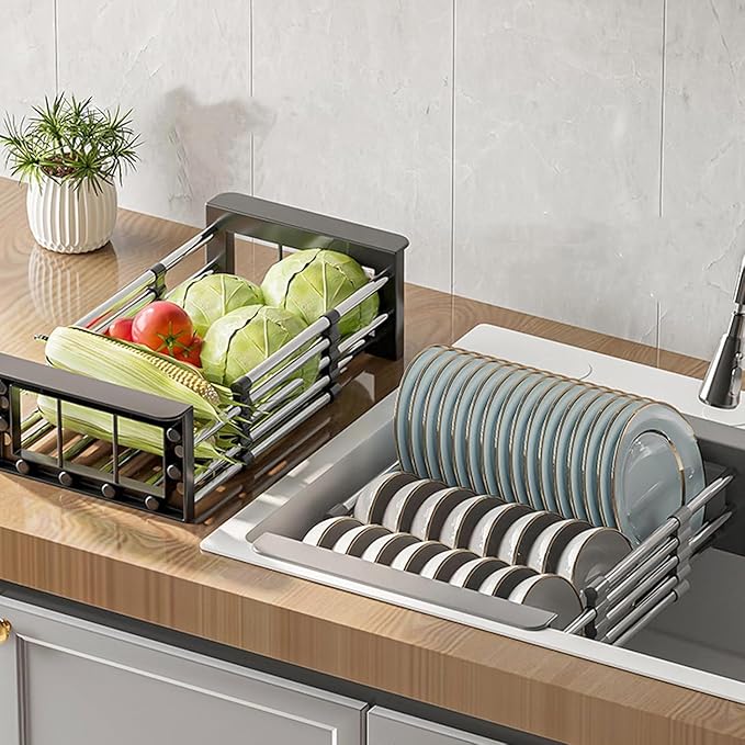 Extend Kitchen Sink Drain Basket, Adjustable & Expandable Stainless Steel Dish Drainers for Kitchen Counter, Portable & Telescopic Space-Saving Solution for Fruit Vegetable