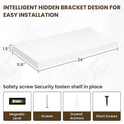 24 Inch Floating Shelves, 12 Inch Deep Floating Shelves for Wall, Floating Shelf with Invisible Brackets, Deep Shelves for Bathroom, Bedroom, Living Room, 2 Pack, White