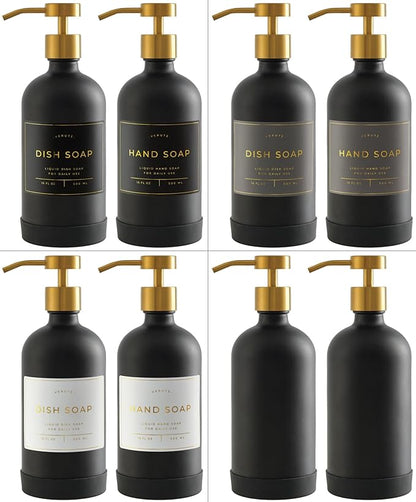 Hand and Dish Soap Dispenser for Kitchen and Bathroom, Set of 2 16 Oz Glass Bottles, Stainless Steel Pumps, Non-Slip Silicone Base, 27 Waterproof Labels (Matte Black Bottle/Brushed Gold Pump)