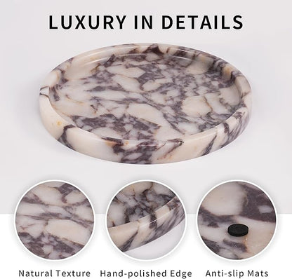 LWALMS Round Marble Perfume Tray - Stone Jewelry Holder Dish, Trinket Ring Key Purse Plate Decorative Bowl for Nightstand Entryway Coffee Table Decor (7.9 inch)