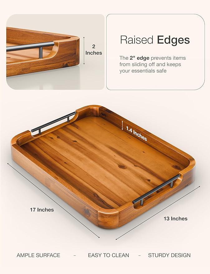 Ottoman Tray for Living Room – 17"x13" Rectangle Serving Tray with Handles – Wooden Tray for Coffee Table, Living Room, Breakfast in Bed – Decorative Trays for Ottoman or Couch (Acacia Wood)