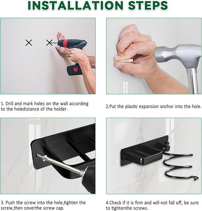 OlBuWa Hair Dryer Rack Wall Mounted Stainless Steel Shelf Storage For Bathroom Walls (Black)