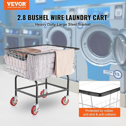 VEVOR Wire Laundry Cart, 2.8Bushel Wire Laundry Basket with Wheels, 26.7''x21.7''x26.4'' Commercial Basket Cart, Steel Frame with Chrome Finish, 4" Casters