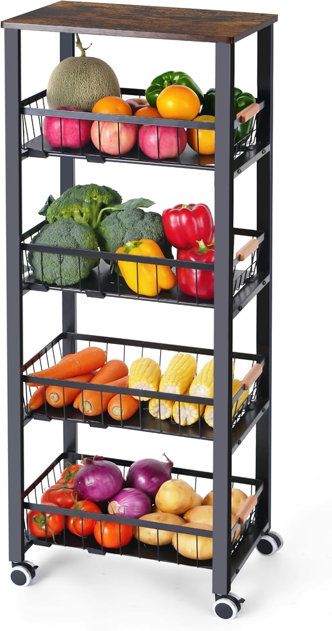 Mythinglogic 5-Tier Rolling Fruit Vegetable Storage Cart with Pull-Out Baskets, Metal Kitchen Organizer, Heavy Duty Utility Rack with Wheels for Pantry, Living Room, Kitchen