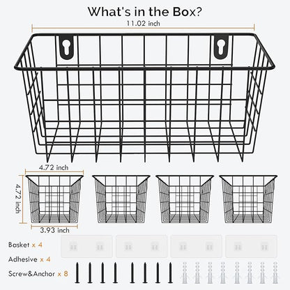 MaraFansie Hanging Wire Baskets Kitchen Storage Basket Adhesive and Screws Basket Over the Cabinet Door Organizer with Adhesive Strips and Screws Accessories, 2 Installations, 4 Pack, Black