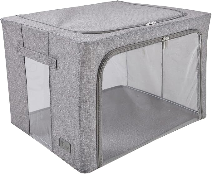 Periea Oxford Cloth Steel Frame Storage Boxes - Under-Bed or in Closet - Pack of 2 Large Organizers (Denim Effect - Grey)
