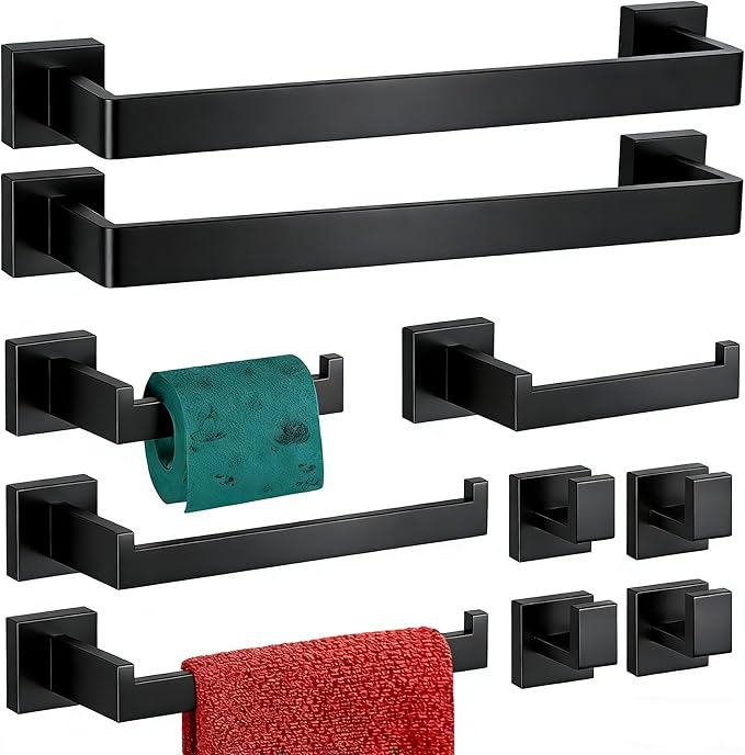 10 Pieces Bathroom Accessories Towel Bar SUS304 Stainless Steel Matte Black Towel Holder Wall Mounted Heavy Duty Towel Rack Bathroom Towel Rod Modern Square Base Design(10, Matte Black, 16 Inch)