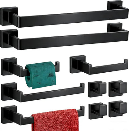10 Pieces Bathroom Accessories Towel Bar SUS304 Stainless Steel Matte Black Towel Holder Wall Mounted Heavy Duty Towel Rack Bathroom Towel Rod Modern Square Base Design(10, Matte Black, 16 Inch)