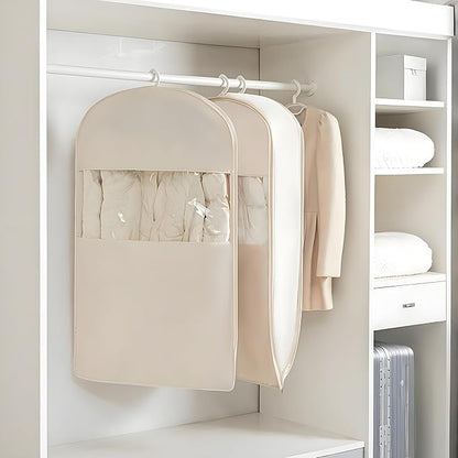 Space Saving Hanging Garment Bag with Self Compression Zipper, 2025 New Large Capacity Long Hanging Clothes Compression,Thick Satin Fabric Dust Cover Clothes Suit Bags for Coats, Down,Dress(Beige,L)