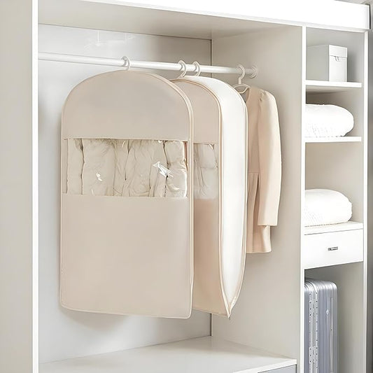 Space Saving Hanging Garment Bag with Self Compression Zipper, 2025 New Large Capacity Long Hanging Clothes Compression,Thick Satin Fabric Dust Cover Clothes Suit Bags for Coats, Down,Dress(Beige,L)