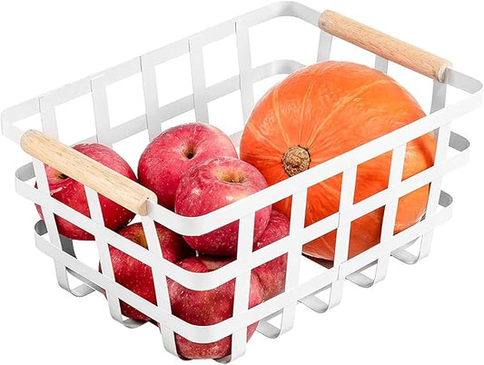 Farmhouse Baskets Wire Storage Metal Baskets Storage Bin Basket Organizer Farmhouse fruit Bin with Wood Handles for Pantry Cabinets Rustic Kitchen Counter Closet,2 Pack - White