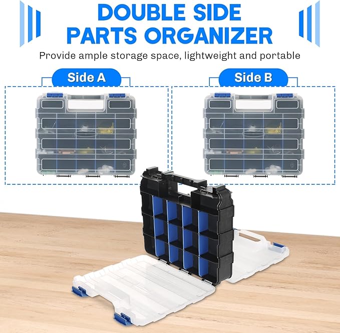 Small Parts Organizer | Storage Case Tools Box 34-Compartments Double Side Organizer Box with Removable Dividers for Small Hardware, Screws, Bolts, Nuts, Nails, Beads (Blue)