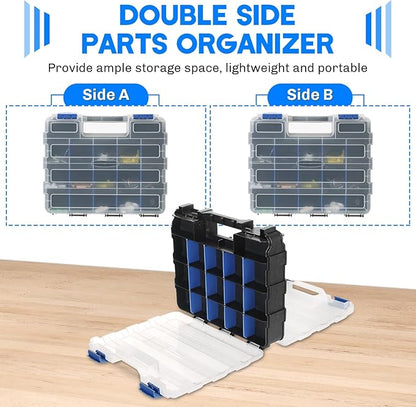 Small Parts Organizer | Storage Case Tools Box 34-Compartments Double Side Organizer Box with Removable Dividers for Small Hardware, Screws, Bolts, Nuts, Nails, Beads (Blue)