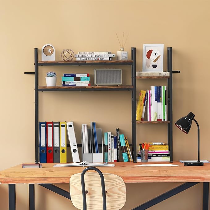 Desktop Bookshelf, Computer Desktop Bookcase Multipurpose Wood Desk Hutch Bookshelf High-Capacity Desk Hutch Organizer for Computer (Brown)