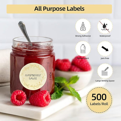 BATTOO 500 Pcs Golden Flower Labels, 2 Inch Round, Waterproof Oil Resistant, Perfect for Jars, Bottles, Kitchen, Pantry, Gift Tags