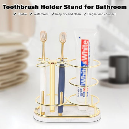 HarJue Toothbrush Holder Stand for Bathroom, Metal Toothbrush Organizer with Marble Base, Toothbrush Storage Collection for Family, Suitable for Home Hotel Countertop Vanity (Medium, Gold)