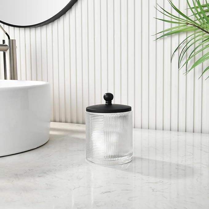 Indecor Home Clear Transparent Apothecary Ribbed Geometric Etched Glass Jar W/Matte Black Metal Lid Cover for Bathroom Organization, Cotton Balls, Q Tips, and Small Accessories, Bathroom Storage