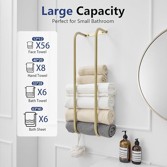 BWE Brushed Gold Towel Racks for Bathroom, Stainless Steel Towel Holder for Rolled Towels, Wall Mounted Bathroom Towel Storage Holds Up 6 Large Bath Sheets, with 2 Hooks