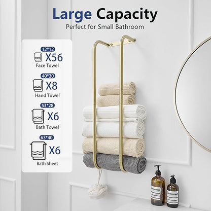 BWE Brushed Gold Towel Racks for Bathroom, Stainless Steel Towel Holder for Rolled Towels, Wall Mounted Bathroom Towel Storage Holds Up 6 Large Bath Sheets, with 2 Hooks