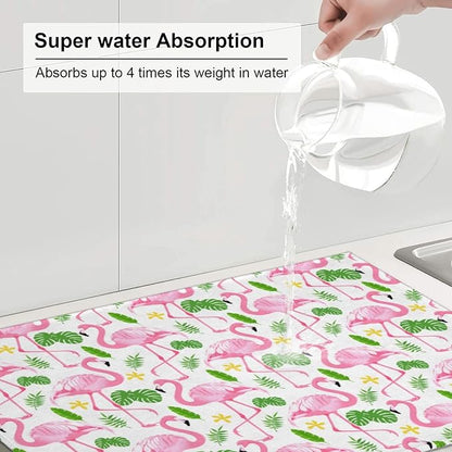 Pink Flamingo Leaf Dish Drying Mat 18x24 For Kitchen Counter Absorbent Microfiber Dishes Pad Dish Drainer Rack Mats Fast Dry Kitchen Accessories