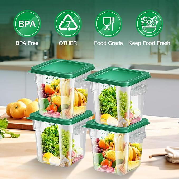 FeyBuosk 4 pcs 8qt Food Storage Containers with Lid, Square Clear Commercial Storage Containers with Handle and Scale for Food Storage in Home Kitchen & Dining (Green)