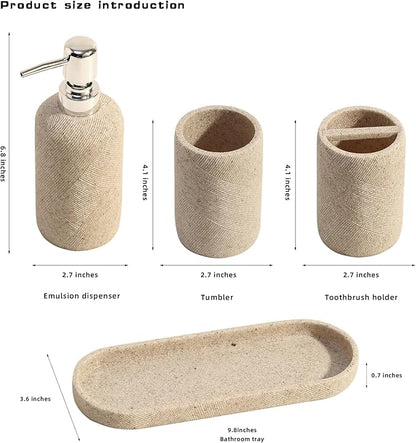 Bathroom Accessories Set, Bathroom Organizer Countertop, Soap Dispenser and Toothbrush Holder, Mouthwash Cup, Tray Set, Vanity Tray for Bathroom, 4 Pieces Modern Decor (Beige)