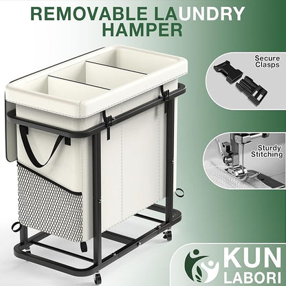 60 Gal(230L) High Grade Large Laundry Basket with Wheels, Rolling Laundry Hamper, Laundry Cart with Metal Frame and Removable Bag Design, Suitable for Laundry Room,Bedroom (White, 3 Section 230L)