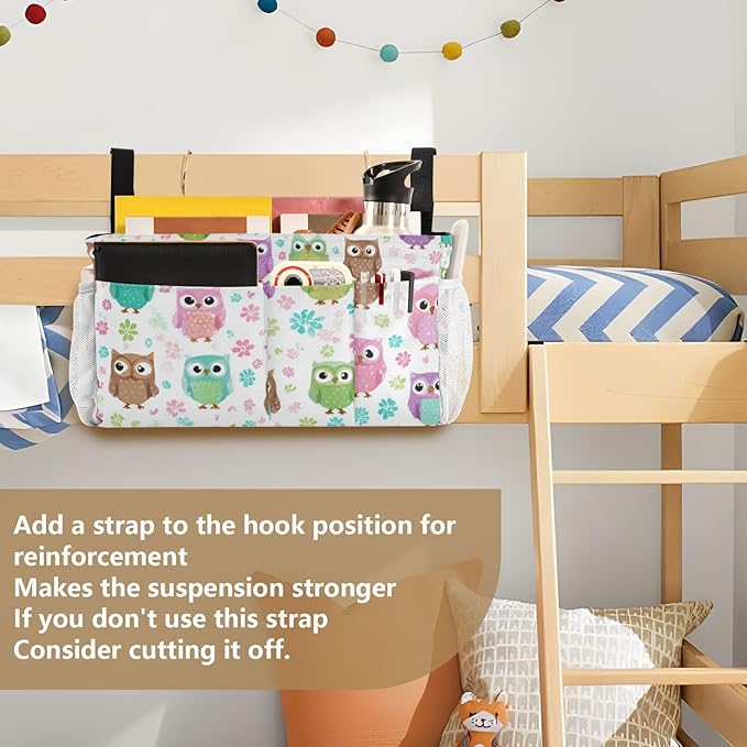 CuwrYet Bedside Caddy Hanging Bunk Bed Caddy Bed Organizer Hanging Pocket with 2 Hooks Bedside Storage Organizer Pocket Bag Holder Colorful Owls and Flowers