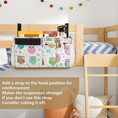 CuwrYet Bedside Caddy Hanging Bunk Bed Caddy Bed Organizer Hanging Pocket with 2 Hooks Bedside Storage Organizer Pocket Bag Holder Colorful Owls and Flowers