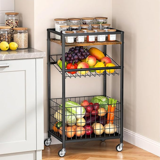 Fruit Vegetable Cart, 3-Tier Snack Kitchen Cart on Wheels & Wood Top, Utility Shelf Rack Organizer for Fruit, Vegetables, Potato, Snack, Brown