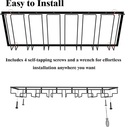 7-Row Stemware Rack - Under Cabinet Wine Glass Holder - Black Metal Hanging Shelf for Kitchen and Bar - Holds Up to 22 Glasses
