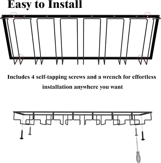 7-Row Stemware Rack - Under Cabinet Wine Glass Holder - Black Metal Hanging Shelf for Kitchen and Bar - Holds Up to 22 Glasses