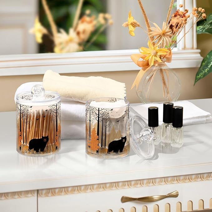 MNSRUU 2 Pack Qtip Holder Organizer Dispenser Black Bear Forest Pink Bathroom Storage Canister Cotton Ball Holder Bathroom Containers for Cotton Swabs/Pads/Floss