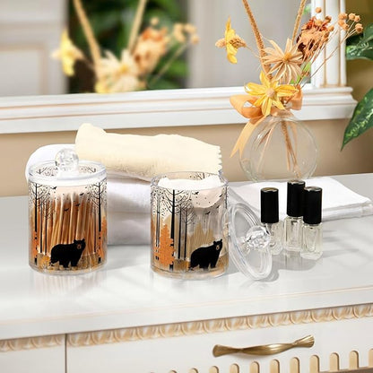 MNSRUU 2 Pack Qtip Holder Organizer Dispenser Black Bear Forest Pink Bathroom Storage Canister Cotton Ball Holder Bathroom Containers for Cotton Swabs/Pads/Floss