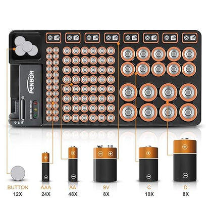 Battery Organizer Storage Case with No Lid Snap, Portable Battery Tester, Just The Right Size Slot with Wall-Mounted Design,Holds 110 Batteries Various Sizes for AAA, AA, 9V, C, D and Butt