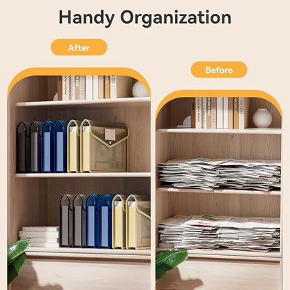 ABC life 6-Pack Plastic Expanding File Folders, Translucent Plastic Envelopes with Snap Closure, Large Capacity, Paper Storage Fits Letter/A4 Size - Black+Blue+Tea Grey