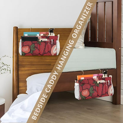CuwrYet Bedside Caddy Hanging Bunk Bed Caddy Bed Organizer Hanging Pocket with 2 Hooks Bedside Storage Organizer Pocket Bag Holder Cartoon Red Strawberry