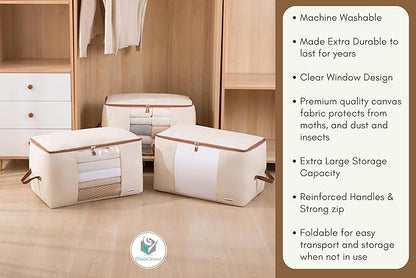 Chaos Cleared Canvas Storage Bags Designer Organizer for Comforters 2 Pack – Seasonal Storage for Pillows, Blankets, Linens & Garments – Foldable Design with Zip & Window, Moth-Proof Space Saver